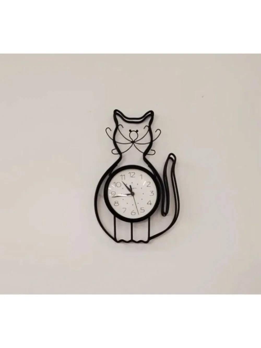Vintage Black Metal Cat Wall Clock With White Face & Quartz Movement
